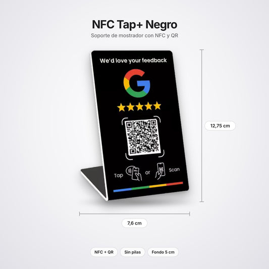 Medidas del NFC Tap+ Negro: 12,75 x 7,8 cm, soporte de mostrador con NFC y QR