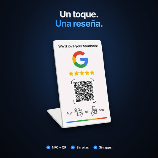 Soporte NFC blanco de sobremesa con QR para reseñas en Google