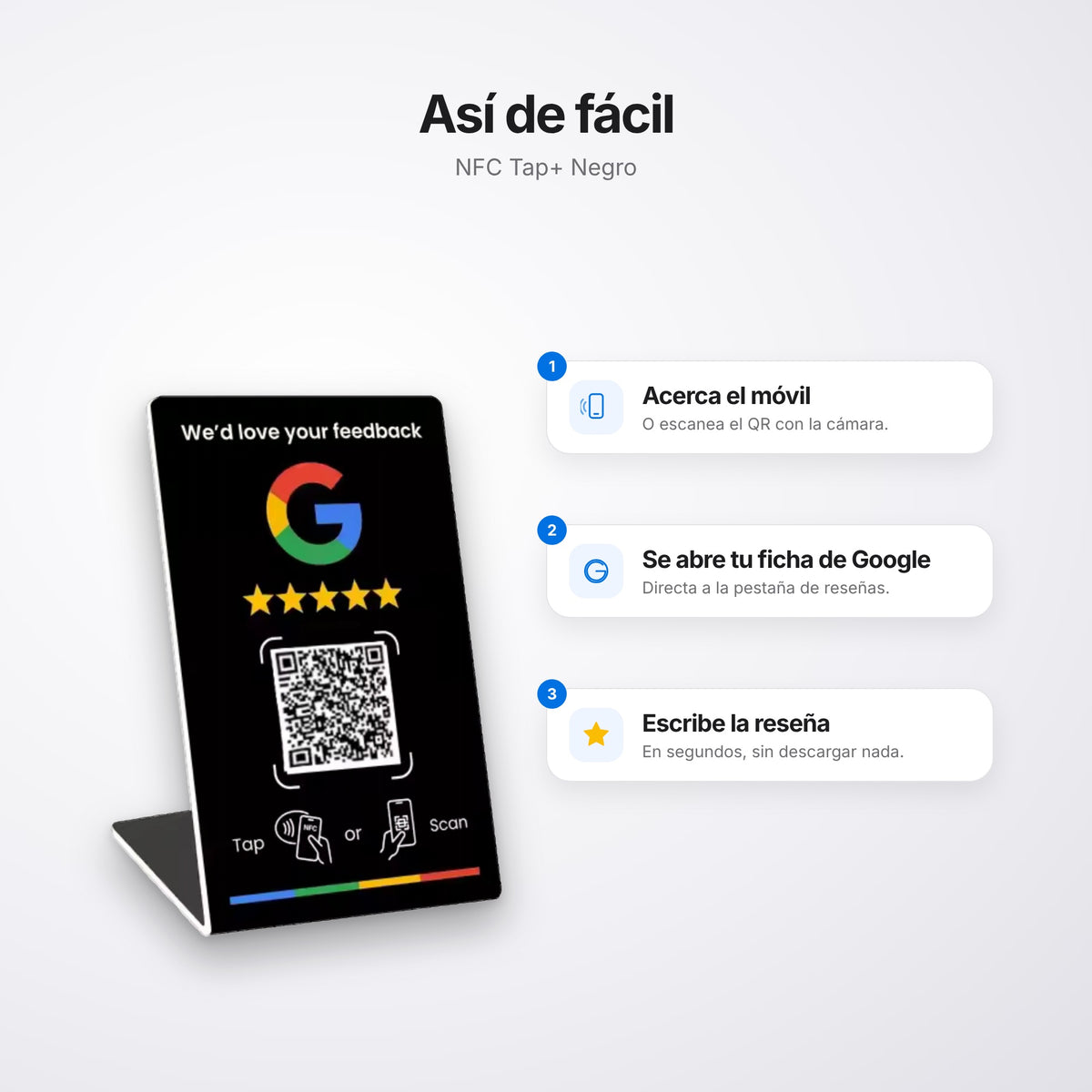 Cómo funciona el NFC Tap+ Negro: acerca el móvil y deja tu reseña en Google